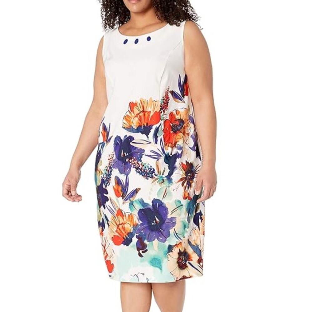 Maya Brooke Floral Shift Dress Womens Size 20W Cream Sleeveless Career Office
